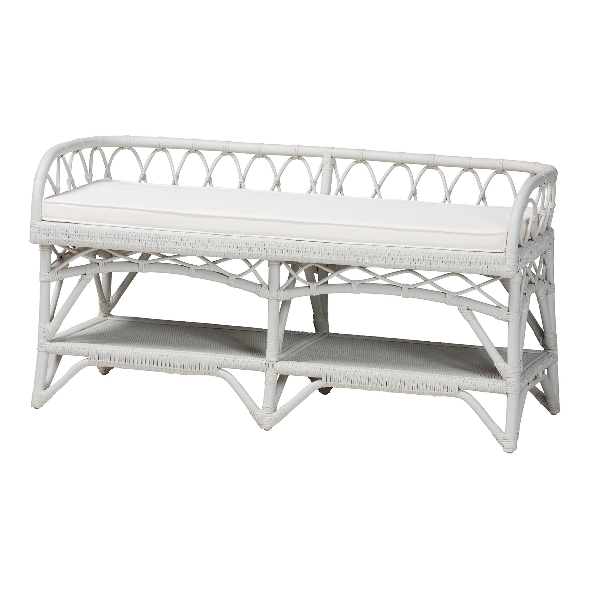bali & pari Leryn Natural Rattan Bench with Shelf, White